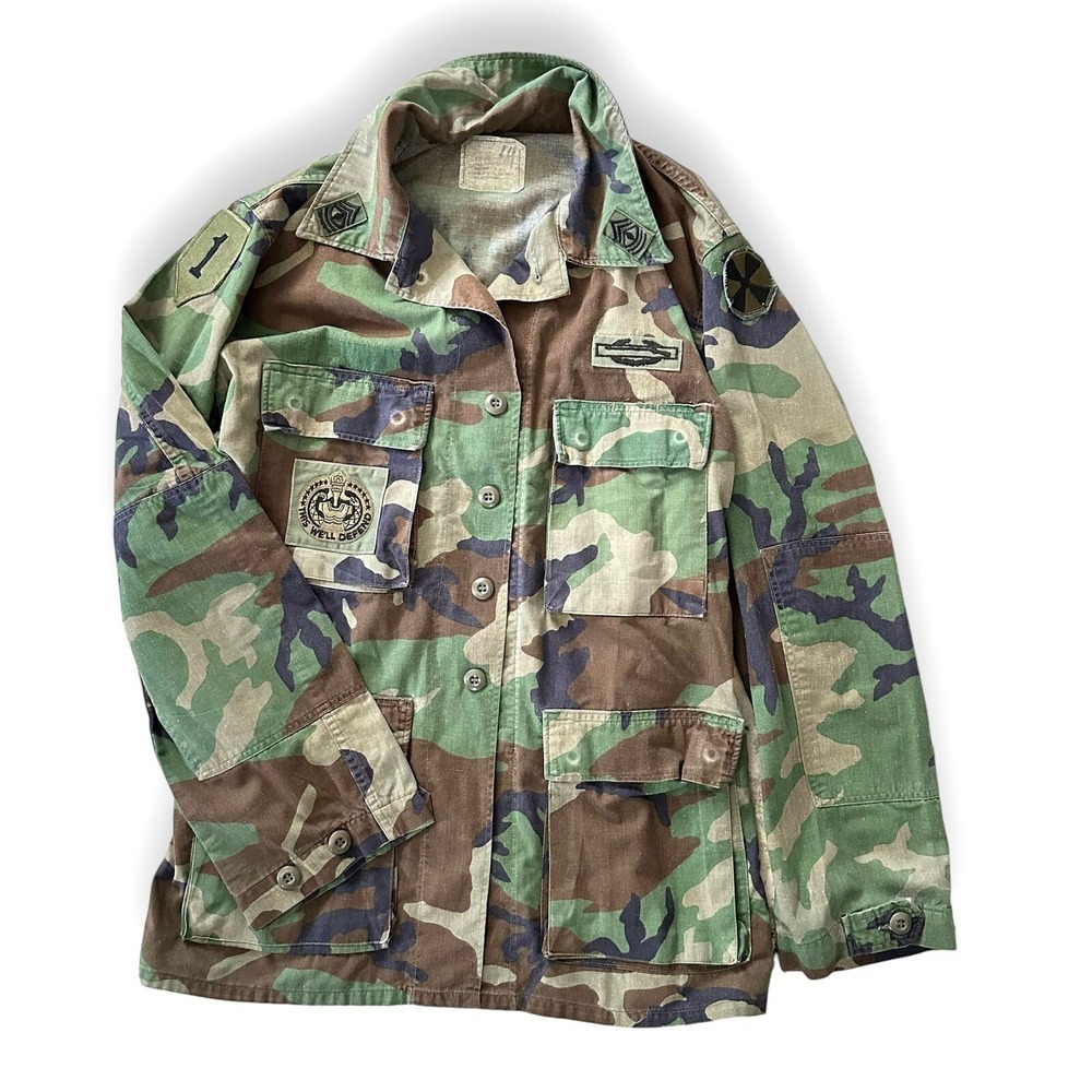 Vintage 80s  Woodland Camo Jacket M Long Military Patched Army Field Jacket